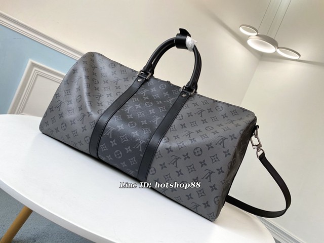 路易威登LV旅行包 M45392 KEEPALL50旅行袋 LV新款黑銀拼色拼接旅行袋 LV男士手提旅行袋 xxlv2930